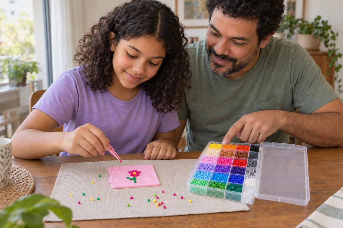 Pai e filha adolescente montando uma flor com beads e pinça à mesa de casa