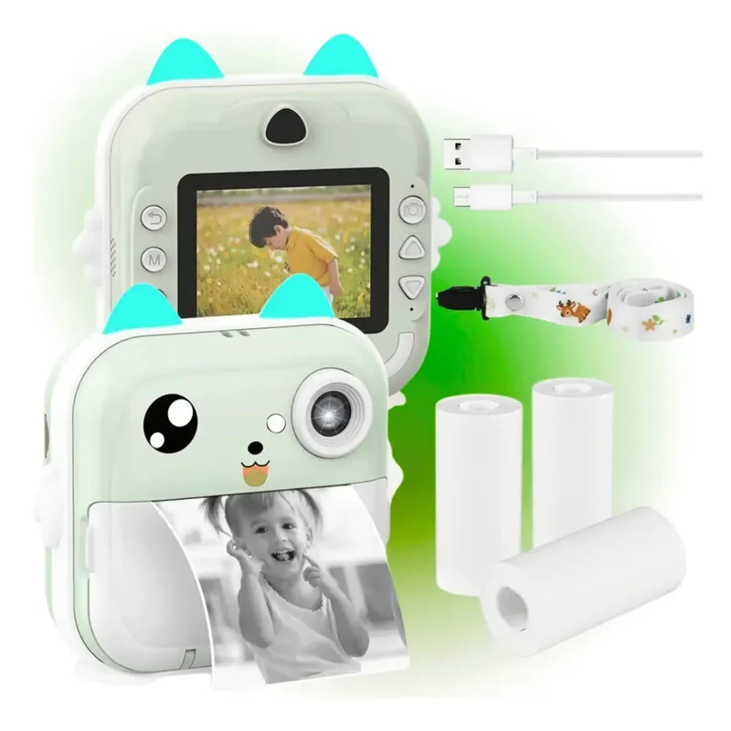 Kit do modelo com câmera, três rolos de papel térmico, cabo USB e alça