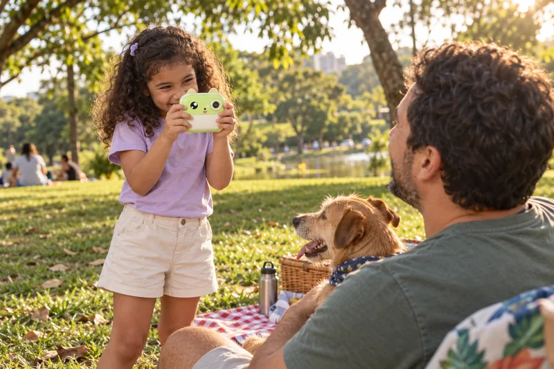 Criança fotografando o pai e o cachorro durante um passeio no parque