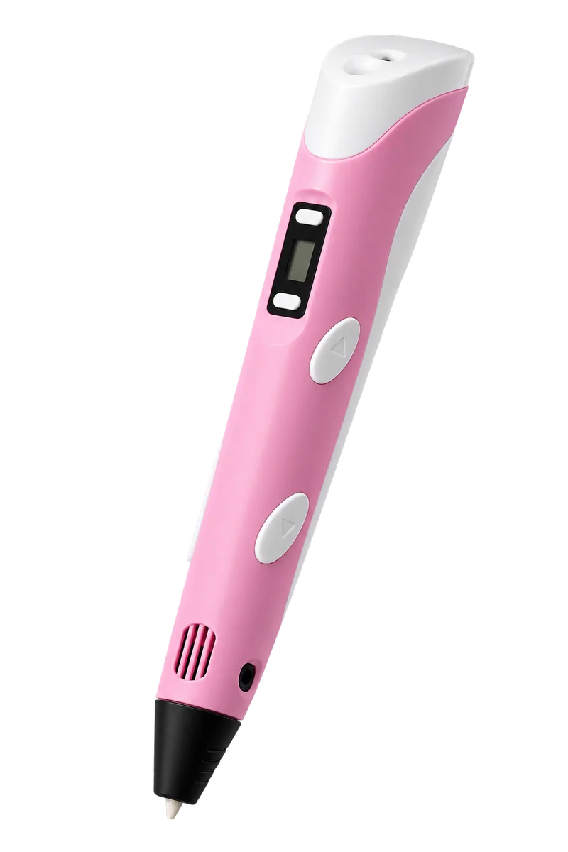 Caneta 3D rosa e branca, com visor, botões e bico preto