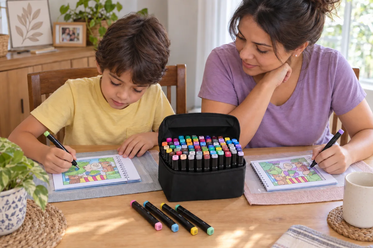 Mãe e filho colorindo lado a lado, cada um com seu livro e compartilhando as canetinhas