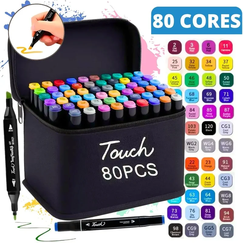 Estojo preto com o conjunto de 80 canetinhas coloridas