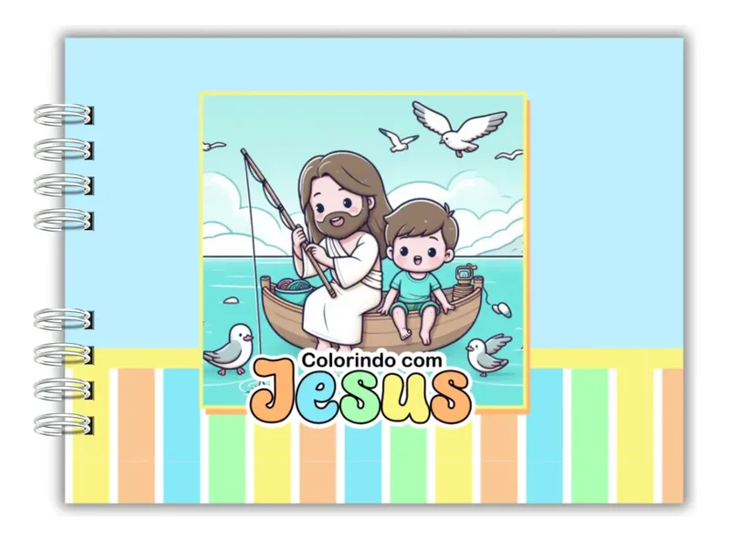 Capa azul do livro Colorindo com Jesus, com encadernação em espiral à esquerda