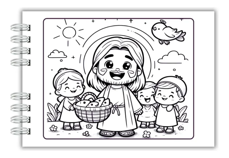 Página do livro com Jesus segurando um cesto de pães e peixes, cercado por crianças