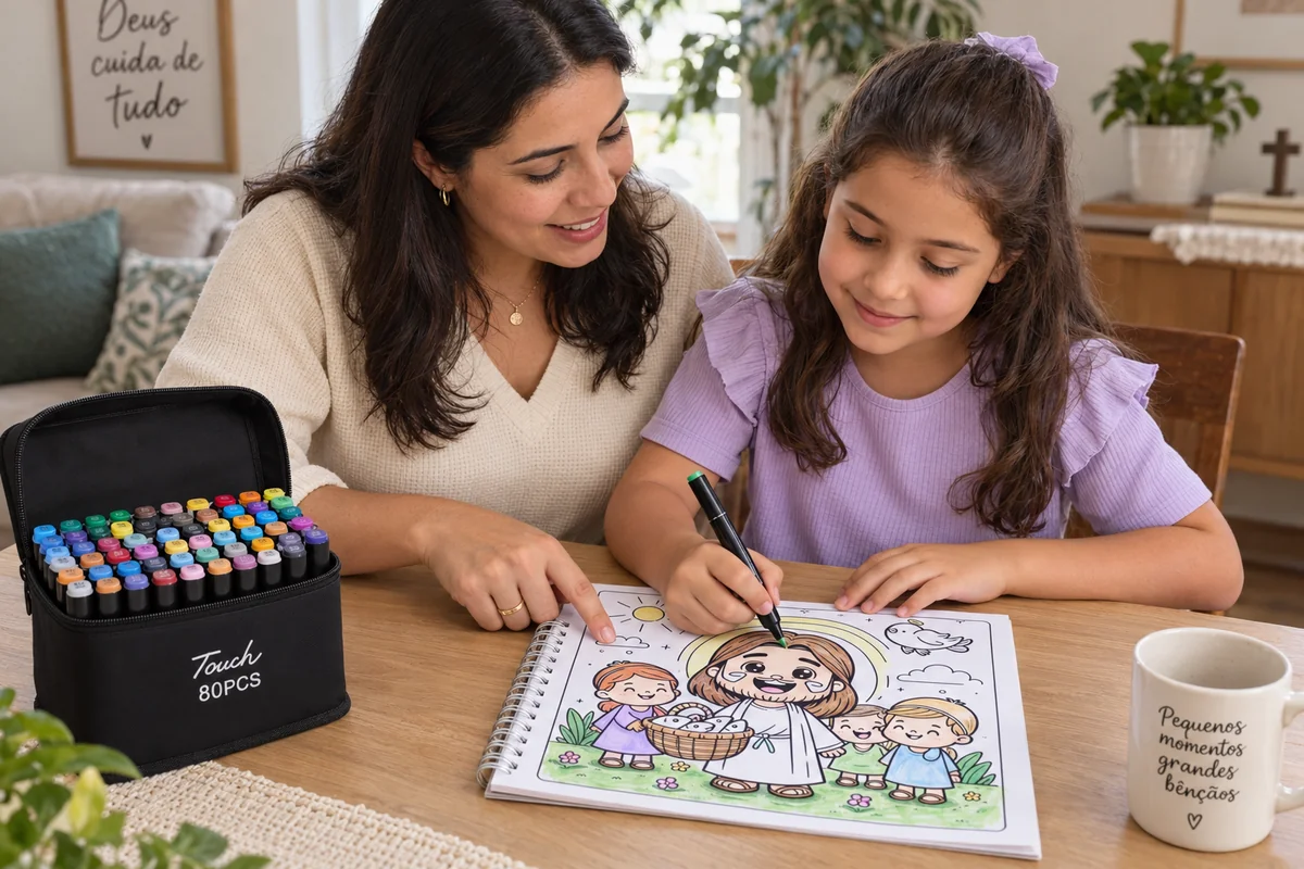 Mãe conversando com a filha enquanto ela colore uma página com Jesus e crianças à mesa de casa