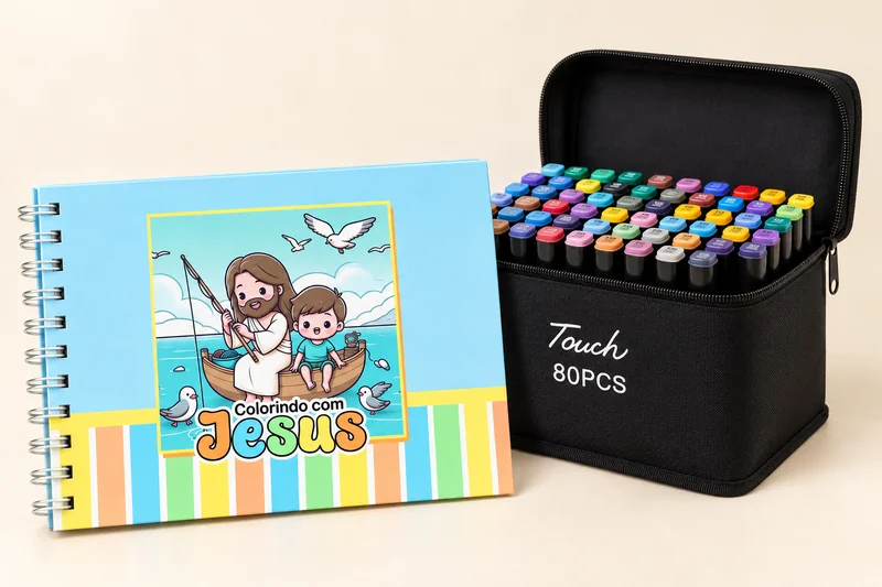 Livro de capa azul Colorindo com Jesus junto ao estojo preto aberto com 80 canetinhas de ponta dupla