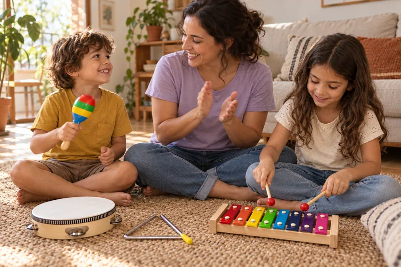 Mãe e duas crianças brincando de fazer música com xilofone e chocalho em casa
