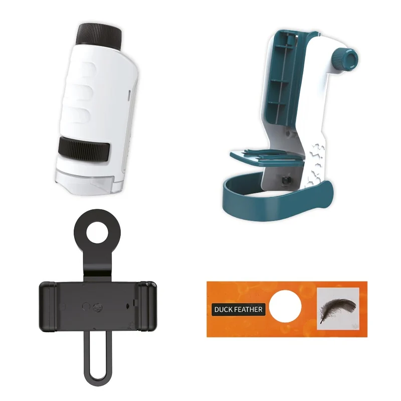 Microscópio, suporte, adaptador para celular e uma das lâminas, apresentados pelo fabricante