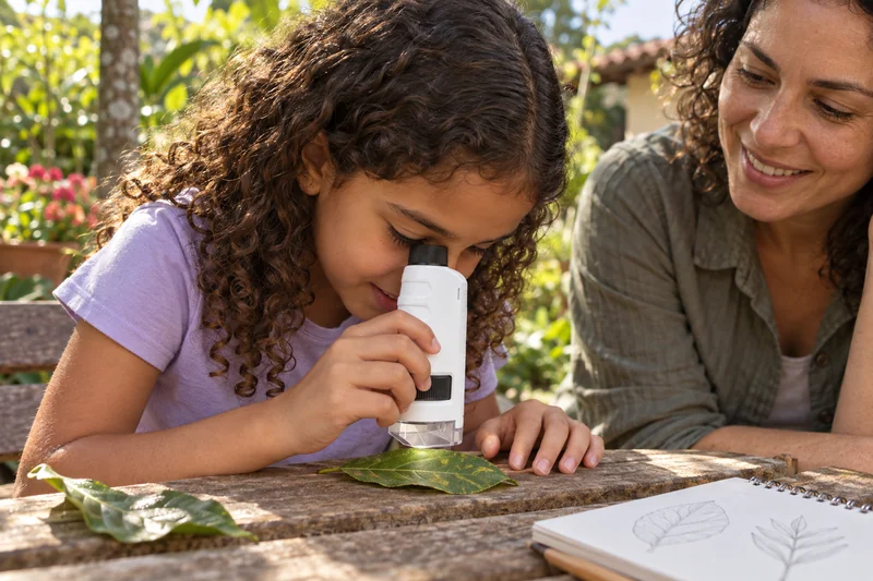 Criança observando uma folha com microscópio portátil no jardim, acompanhada pela mãe