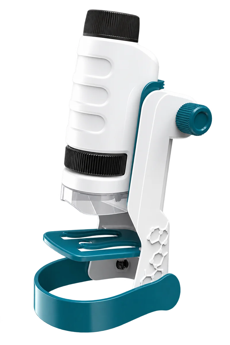 Microscópio DM Ciência branco, com ocular preta e suporte de mesa verde