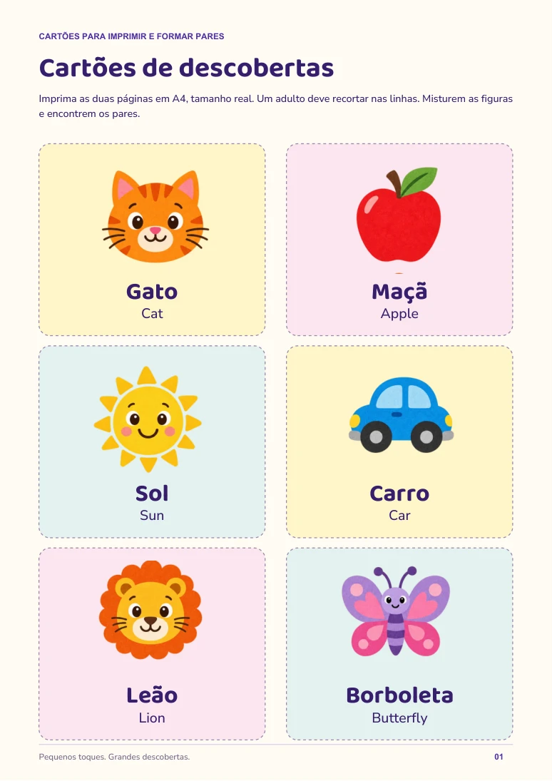 Cartões de palavras em português e inglês para imprimir