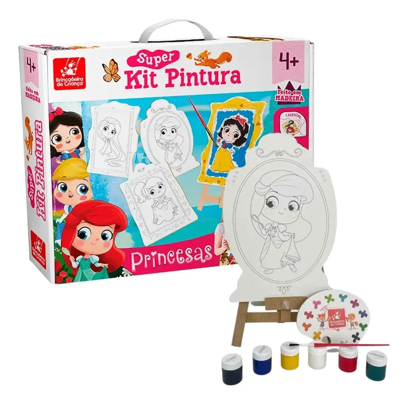 Foto da embalagem Super Kit Pintura Princesas, modelo 2570 da Brincadeira de Criança, e acessórios