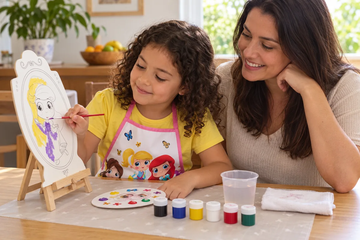 Menina com avental pintando uma tela de princesa no cavalete, acompanhada pela mãe