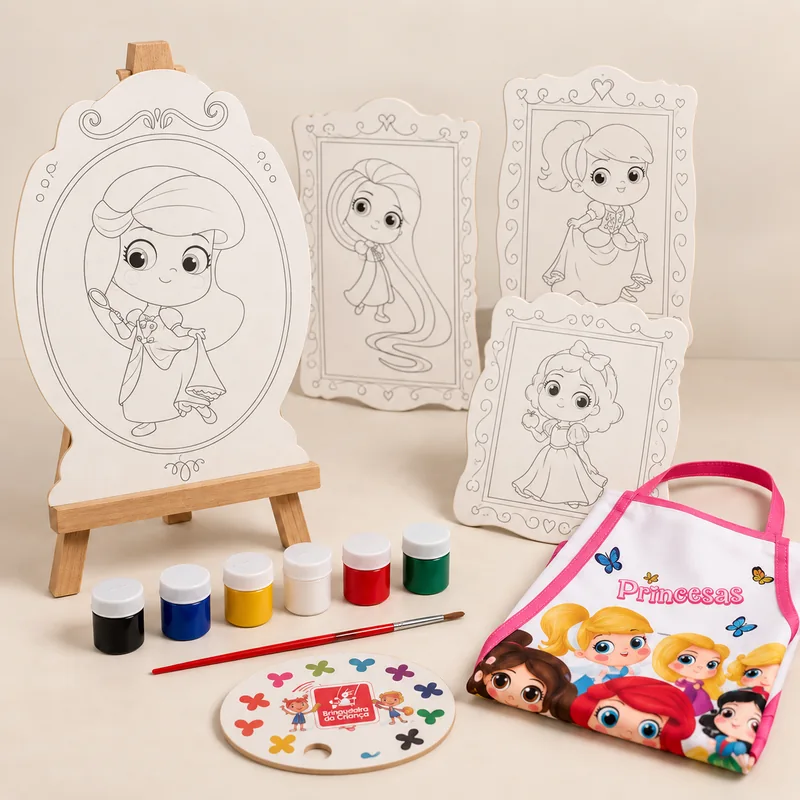 Kit de pintura com quatro telas de princesas, um cavalete de madeira, seis tintas, pincel, paleta e avental