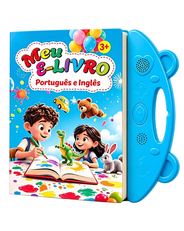Livro sonoro interativo com capa azul e alça azul