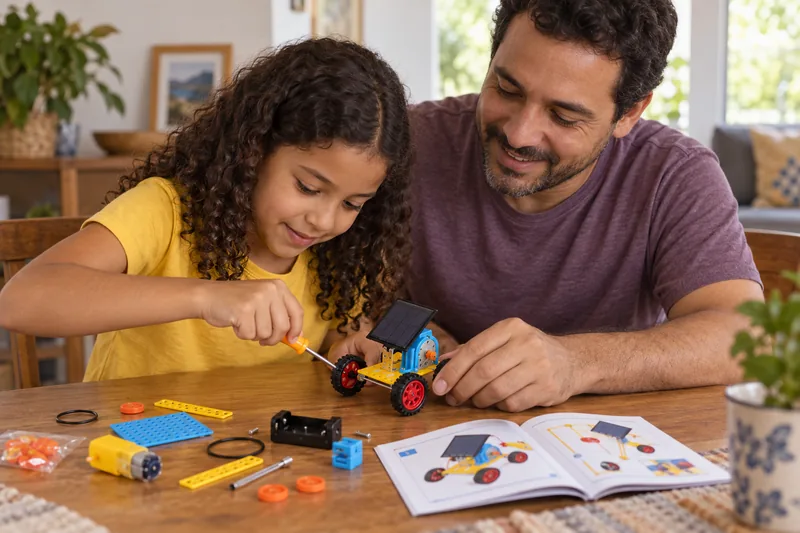 Pai e filha montando um pequeno carrinho solar juntos à mesa, seguindo o manual