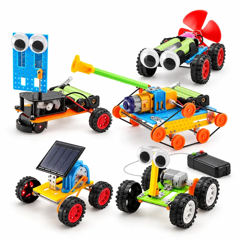 Montagens do kit: carrinho solar, carrinho com hélice, robô com rodas, veículo com esteiras e carrinho com controle por fio