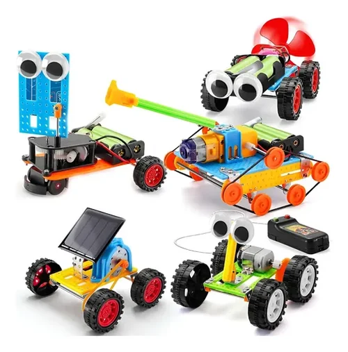 Foto do conjunto de montagens: carro solar, carro com hélice, robô com rodas, veículo de esteiras e carro controlado por fio